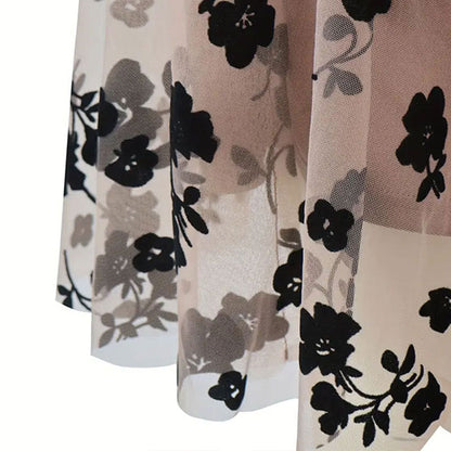 Kvinnors Tyllkjol med Blommönster och Elastiskt Midjeband – Flödande Design för Fest och Avslappnade Tillfällen 5