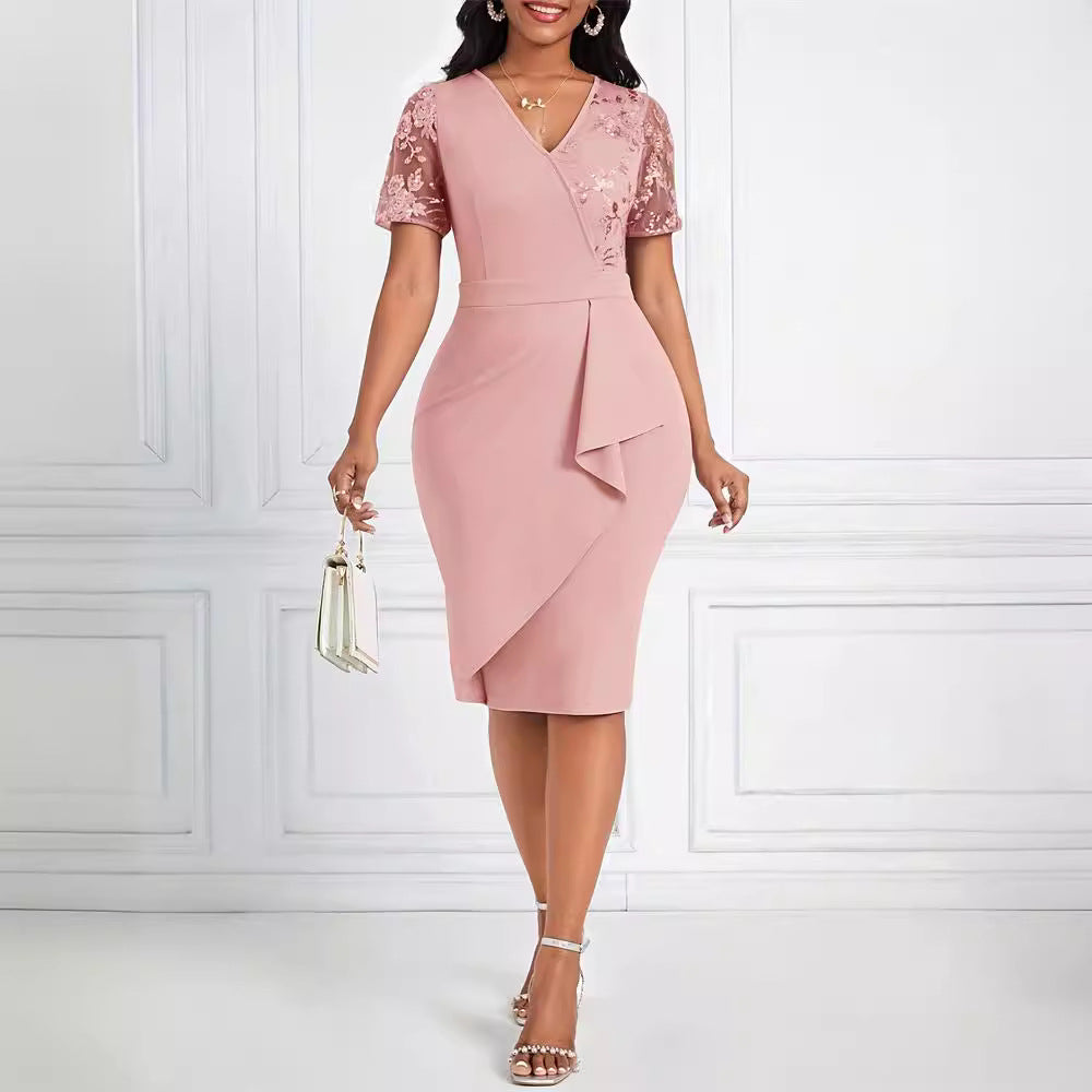 Kvinnors Wrap-Klänning med Spetsärmar och V-Ringning – Högkvalitativt Tyg för Formella Evenemang 3