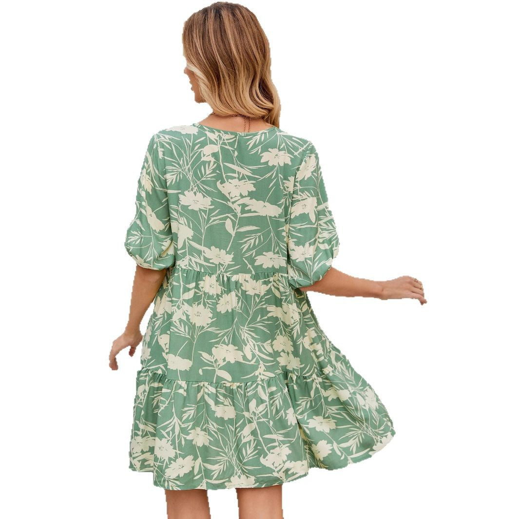 Kvinnors A-linjeformad Klänning V-ringning Polyester med Tryck-6