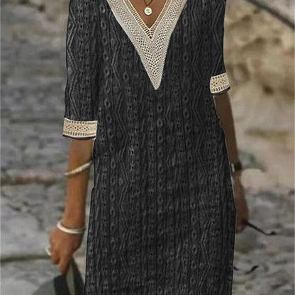 Damklänning A-linjeformad V-hals Jacquard med Halv Ärmar-3