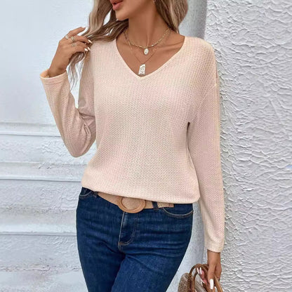 Dam Långärmad T-shirt V-ringad Monokrom Design 100% Bomull-3