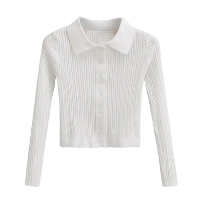 Kvinnors Stickad Blus med Elegant Krage och Strukturerad Yta av Andningsbart Tyg 1