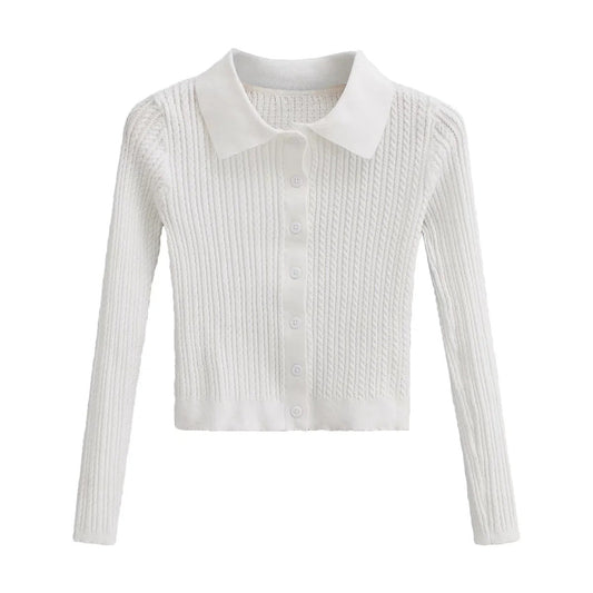 Kvinnors Stickad Blus med Elegant Krage och Strukturerad Yta av Andningsbart Tyg 1
