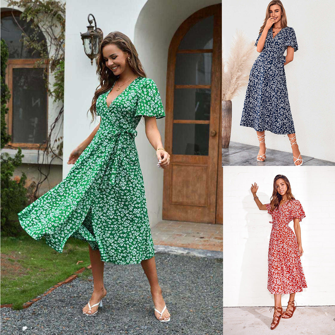 Kvinnor Midi Klänning V-Neck A-linjeformad Polyester-2