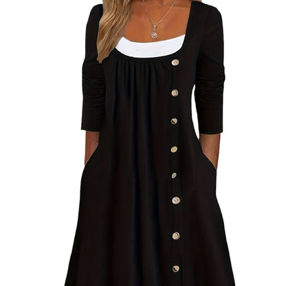 Kvinnors Midi Klänning A-Linjeform Knappfickor Polyester-4