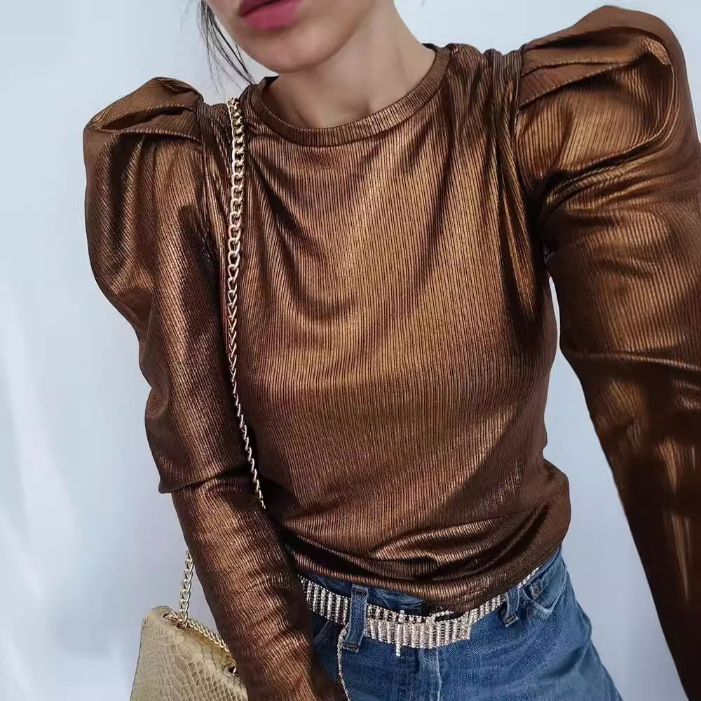 Dam T-shirt Punk Stil Avslappnad 100% Bomull Metallic Guld-4