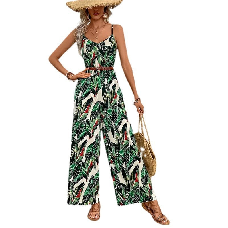 Dam Jumpsuit Avslappnad Passform i Andningsbart Material med Bladdesign-6