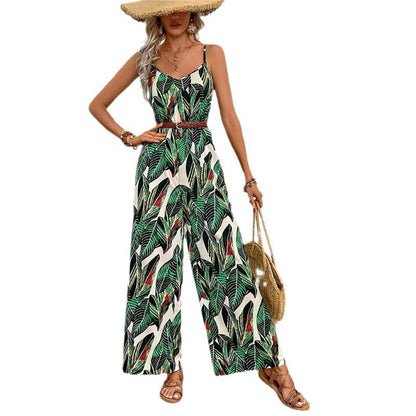 Dam Jumpsuit Avslappnad Passform i Andningsbart Material med Bladdesign-6