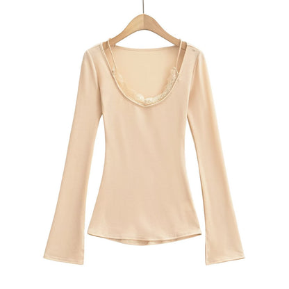 Långärmad Topp med V-ringning i Mjuk Bomullsmix – Figur-hugging Passform och Utställda Ärmar, Flera Färger 9