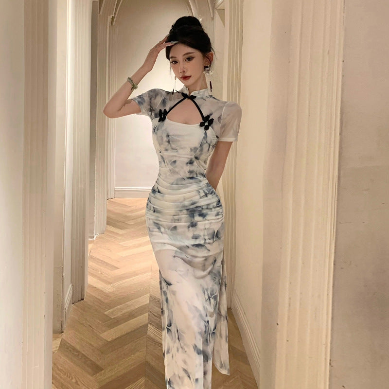 Kvinna Cheongsam Klänning Ihåligt Tryck Polyester Ståkrage 2