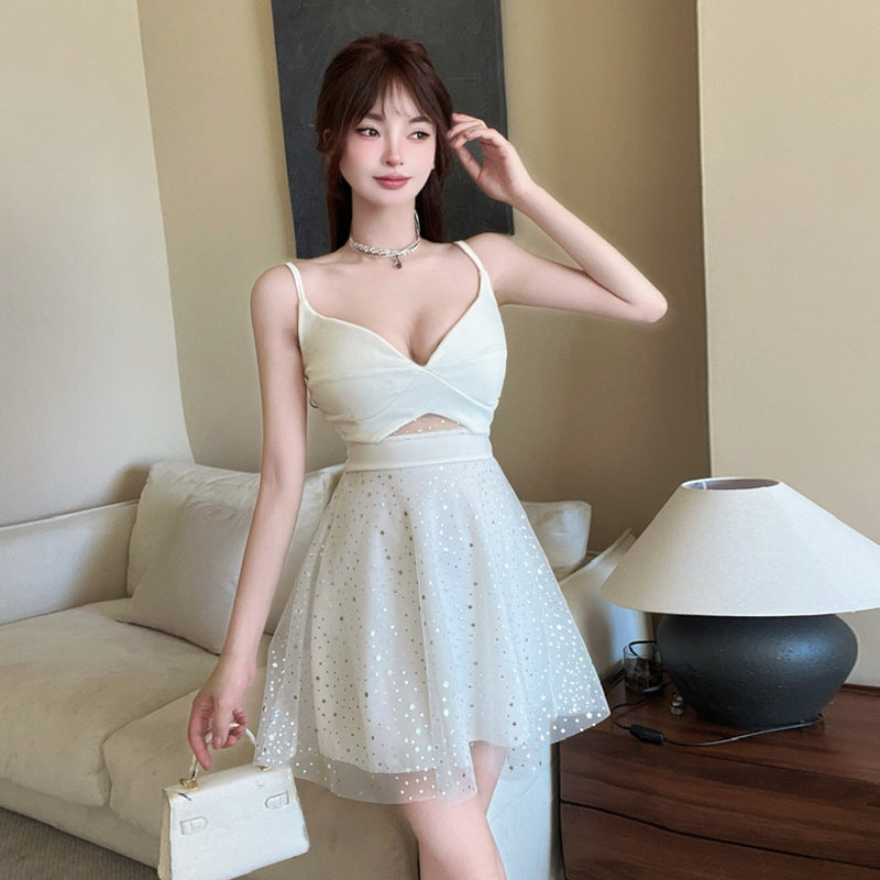 Damklänning Spaghetti Band V-ringad Kort Nätblandning-3