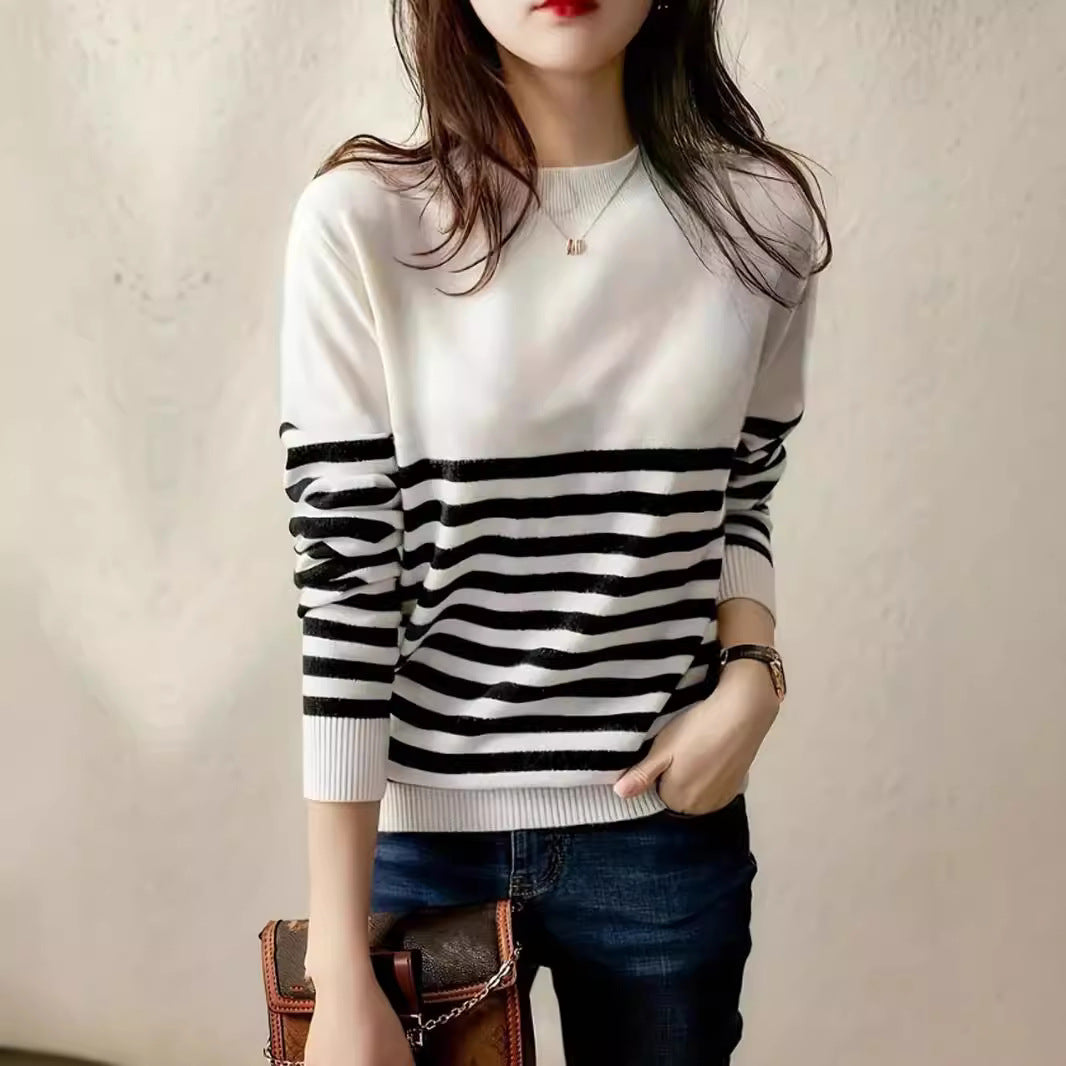 Dam Tröja Randig Löst Passform Polyester med Långa Ärmar-4