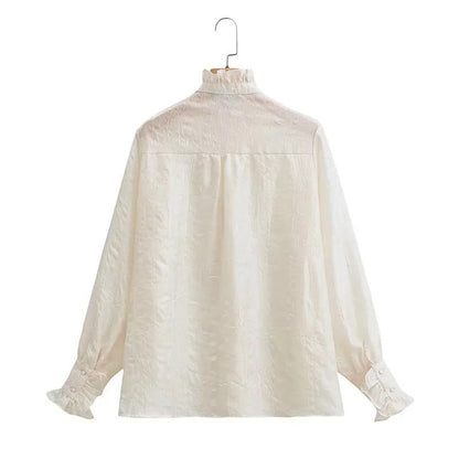 Dam Blus med Ruffles Höghalsad Krage Lätt Material-2
