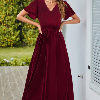 Dam Långklänning V-Hals Tredimensionell Dekoration Silke-2