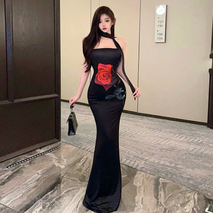 Dam Bodycon Klänning Fiskstjärt Rosblommor Polyester Elastan-1