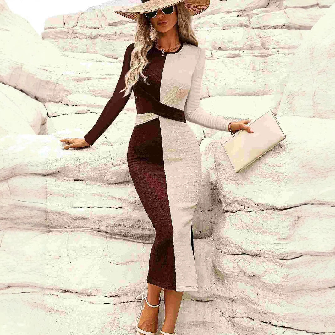 Kvinnors Klänning med Korsningsdesign i Stretchigt Tyg – Figur-huggande Passform i Kontrastfärger, Perfekt för Fest och Vardag 1