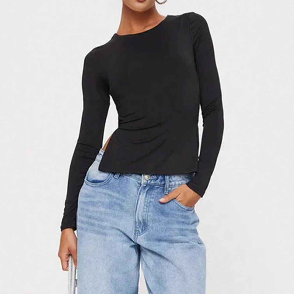 Dam Långärmad T-Shirt Enfärgad Polyester Regelbunden Passform-3