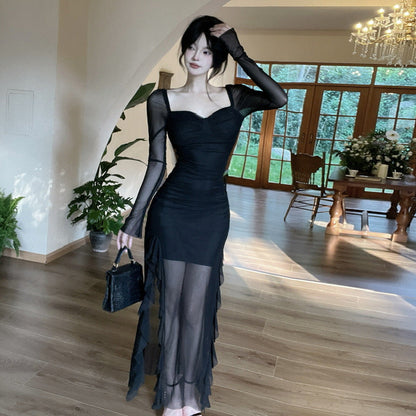 Dam Klänning Långärmad Fyrkantig Utskärning Polyester-4