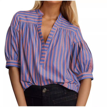 Dam V-hals Topp Randig Lapptäcke Chiffon-4