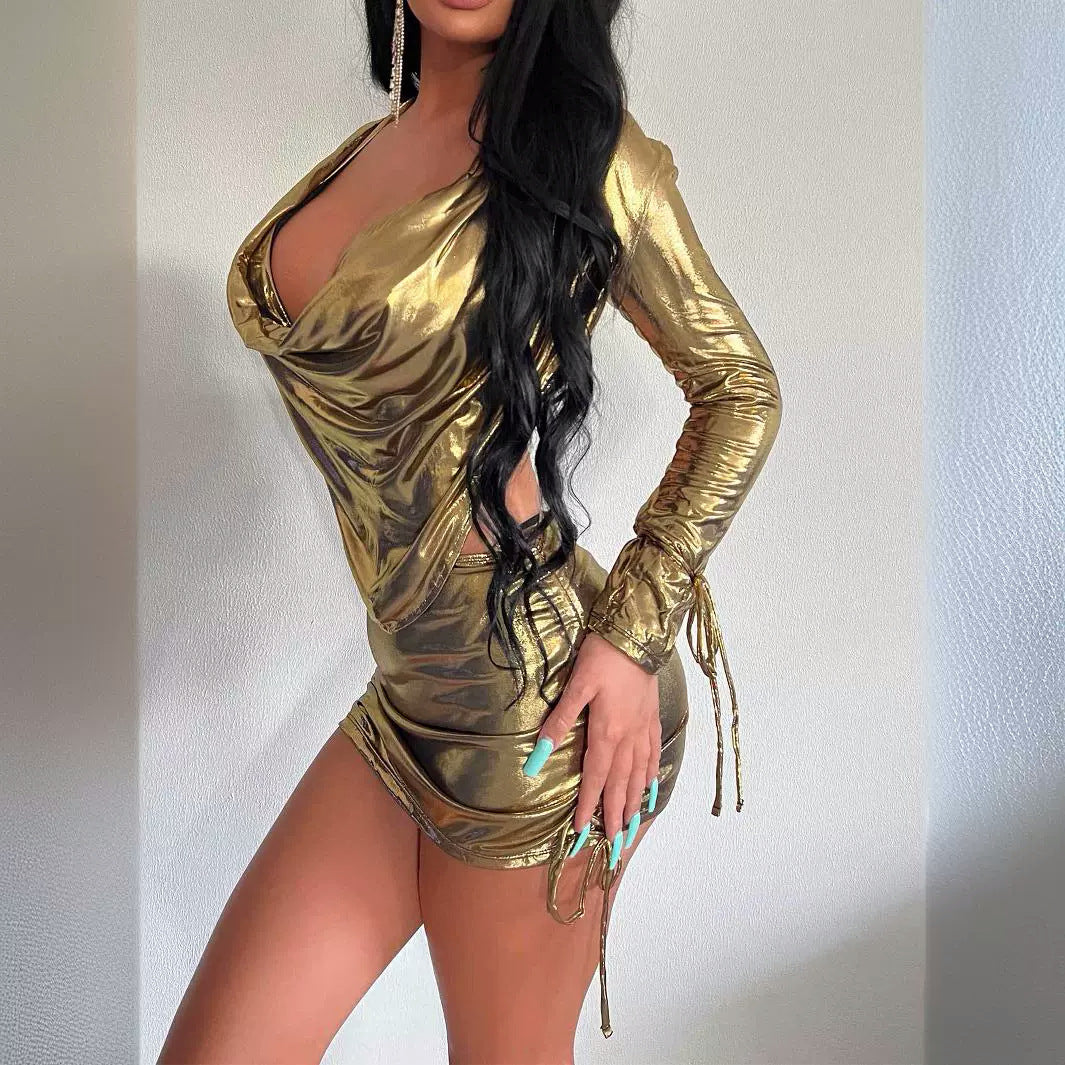 Kvinnors Glittrig Miniklänning Djup V-ringning Metallisk Polyester 2