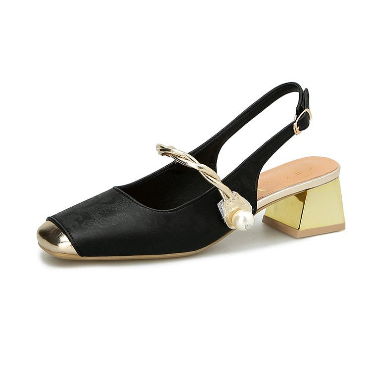 Kvinnors Slingback Pumpar med Blockklack och Justerbar Rem – Texturerat Syntetiskt Material i Metallisk Accent 6
