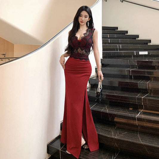 Damklänning Bodycon V-ringning Färgblock Polyester-1