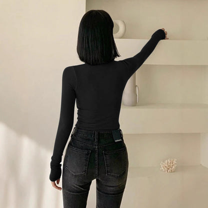 Dam Halvhög Tröja Enfärgad Polyester Långa Ärmar-4