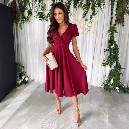 Kvinnors Midi Klänning Puffärmar Polyester-3