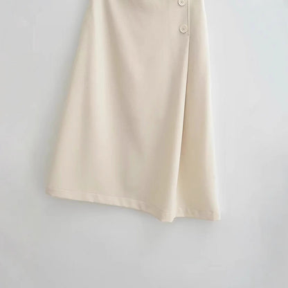 Dam Wrap Kjol med Knappdetalj och Elastisk Midja i Hårt Kläde-3