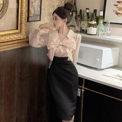 Kvinnors Tvådelad Klänning V-hals Patchwork Polyester Elastan-2