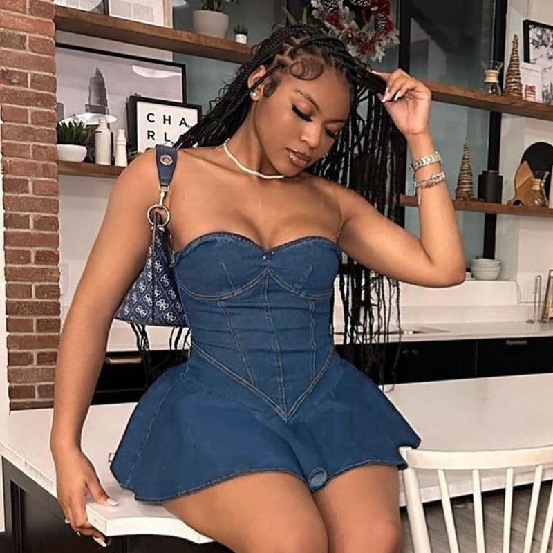 Damklänning Bustier i Denim med Flödande Kjol – Fina Dam Klänningar för Sommar och Fest 3