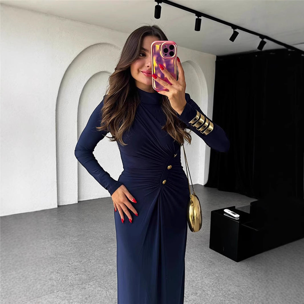 Elegant A-Linje Damklänning med Långa Ärmar och Midjeknapp – 100% Polyester, Fina Dam Klänningar för Vardags och Fest 2