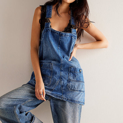 Damklänning Justerbar Denim A-Linje Mini Klänning-2