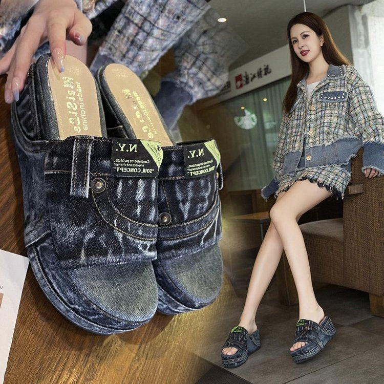 Kvinnliga Pantoletter Kilsula Denim Vadderad Fotbädd-2