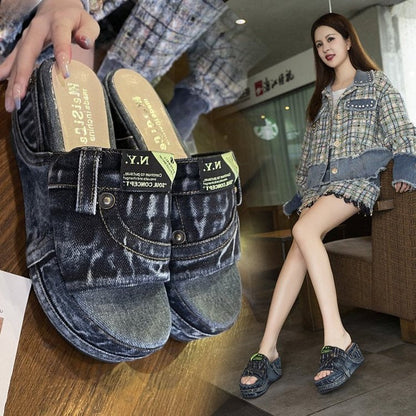 Kvinnliga Pantoletter Kilsula Denim Vadderad Fotbädd-2