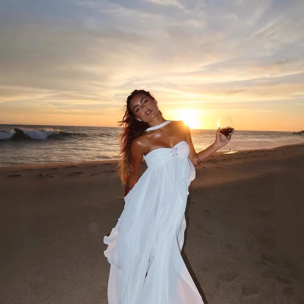 Dam Strandklänning Asymmetrisk Snitt Lätt Tyg-5