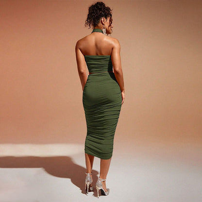 Kvinnors Två Delar Set Ärmlös Stickad Mid-längd Olivgrön-3