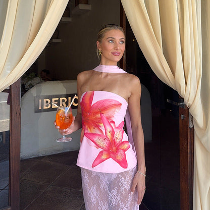 Dam Tankini Topp Blommigt Snabbtorkande Material med UV-skydd-2