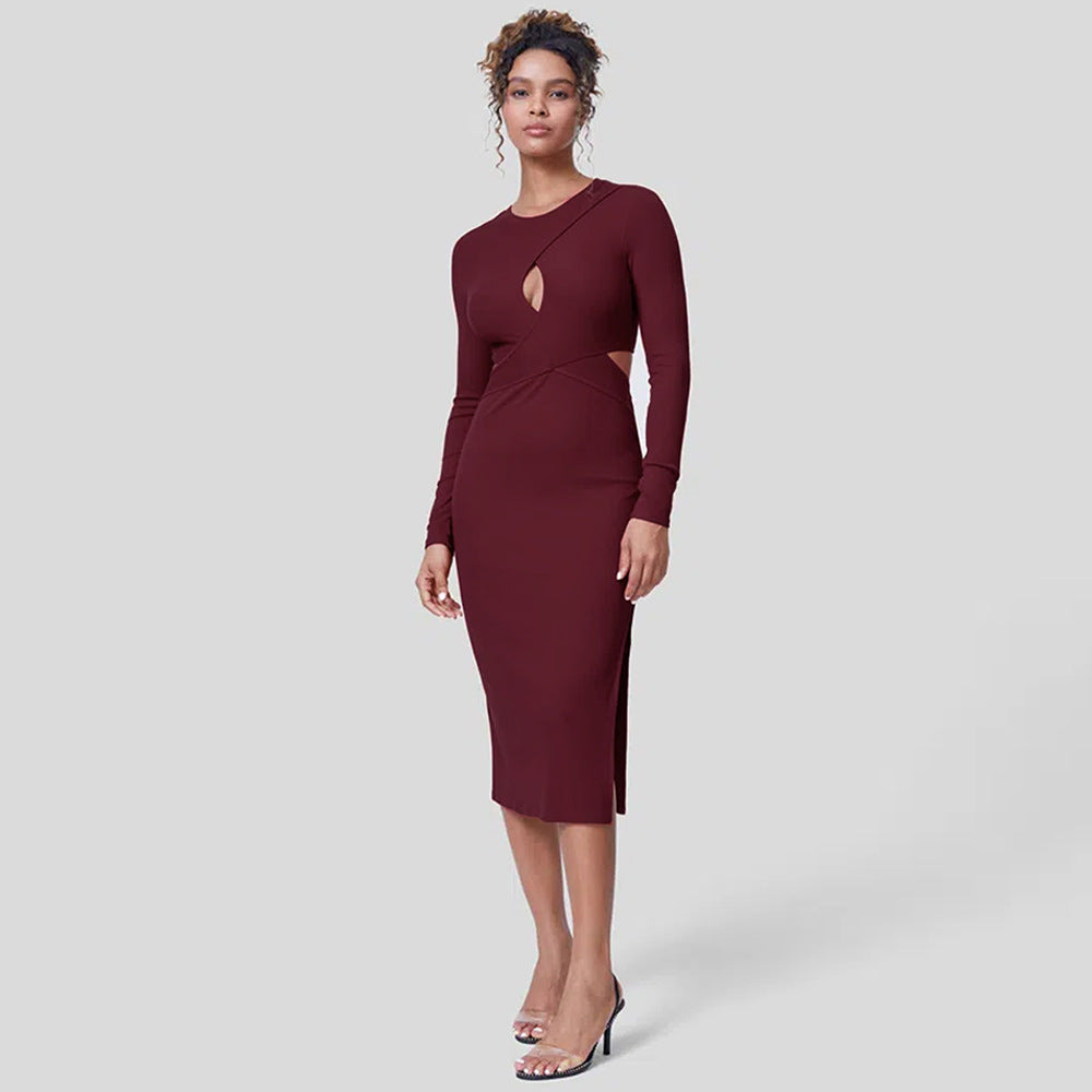 Figursyddes Midikleid mit Utskurna Details und Langen Ärmeln – Festliches Kleid Midi für Abendveranstaltungen 4