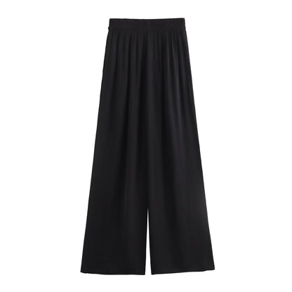 Dam Byxor Hög Midja Bred Ben i Elastisk Polyester Snygga Byxor Med Resår i Midjan-3