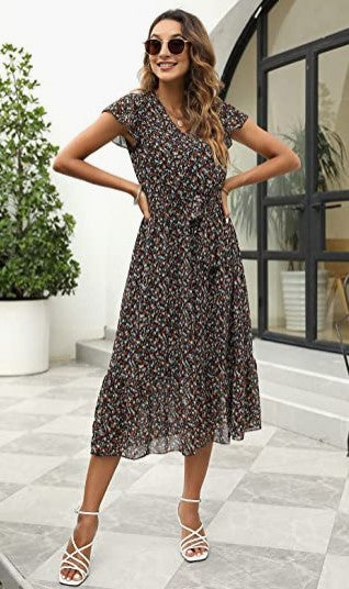 Dam Strandklänning V-Ringad Lätt Andningsbar Med Justerbart Midjebälte-6