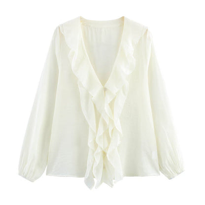 Dam Ruffle Skjorta Långärmad Monokrom Polyester-2