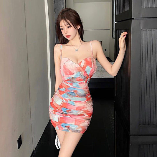 Kort Klänning Dam Axel-Fri Blommig Mesh för Fest och Sommar 1