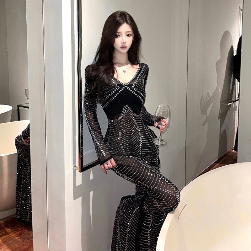 Dam Klänning Långärmad V-ringning med Rhinestone Detaljer Polyester-2