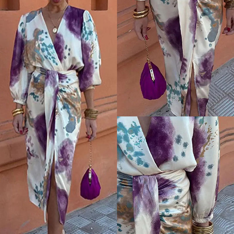 Dam Tvådelad Uppsättning V-ringning Långärmad Polyester Midirock-5