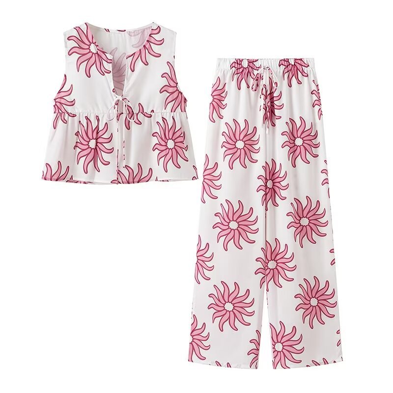 Dam Fritidsuppsättning Ärmlös Kofta Polyester Långa Byxor-1