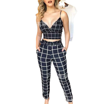 Dam Camisole Crop Top V-ringning Polyester Capri-byxor Set-6