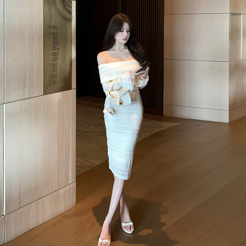 Kvinnors Lång Klänning Off-Shoulder Polyester Elastan-3