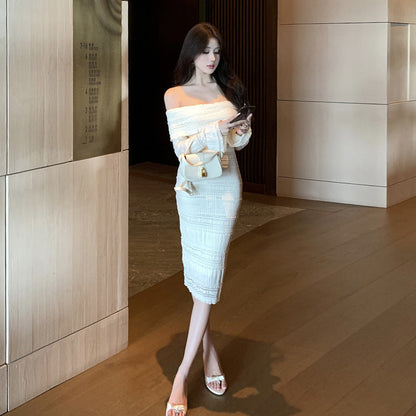 Kvinnors Lång Klänning Off-Shoulder Polyester Elastan-3