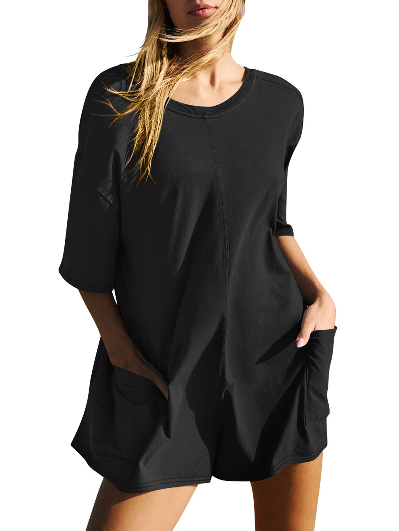 Kvinnors Loose Overall med V-Nack och 3/4-Ärmar i Bomull och Polyester – Bekväm och Trendig Casual Outfit 11